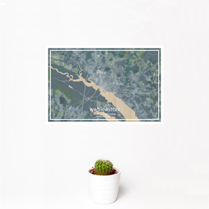 12x18 Washington North Carolina Map Print Landscape Orientation in Afternoon Style With Small Cactus Plant in White Planter