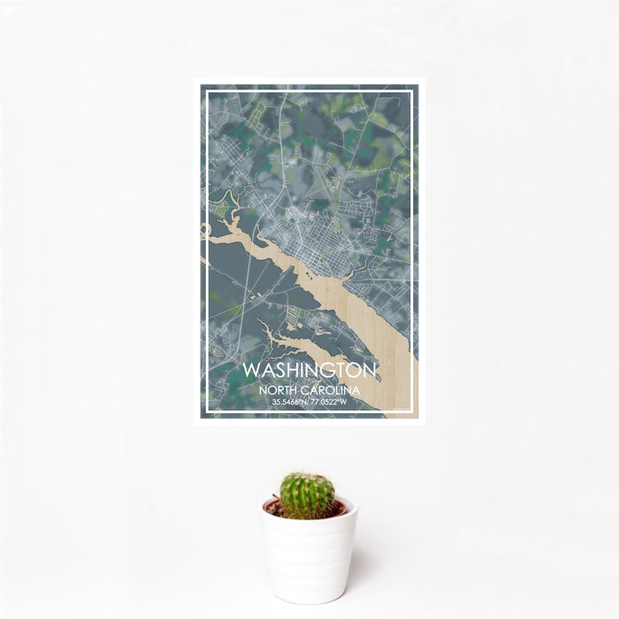 12x18 Washington North Carolina Map Print Portrait Orientation in Afternoon Style With Small Cactus Plant in White Planter