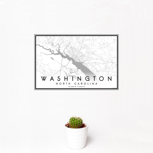 12x18 Washington North Carolina Map Print Landscape Orientation in Classic Style With Small Cactus Plant in White Planter
