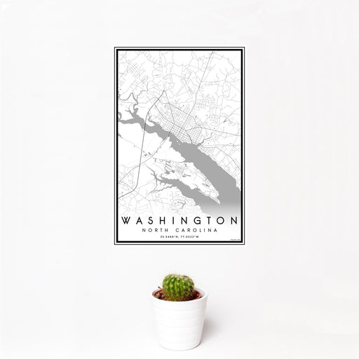 12x18 Washington North Carolina Map Print Portrait Orientation in Classic Style With Small Cactus Plant in White Planter