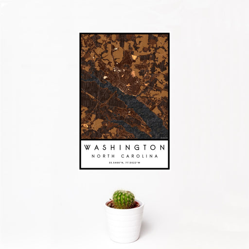 12x18 Washington North Carolina Map Print Portrait Orientation in Ember Style With Small Cactus Plant in White Planter