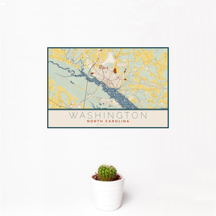 12x18 Washington North Carolina Map Print Landscape Orientation in Woodblock Style With Small Cactus Plant in White Planter
