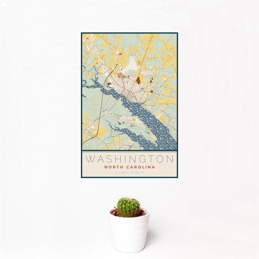 12x18 Washington North Carolina Map Print Portrait Orientation in Woodblock Style With Small Cactus Plant in White Planter