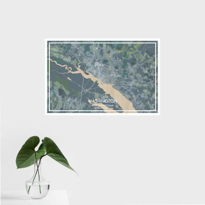 16x24 Washington North Carolina Map Print Landscape Orientation in Afternoon Style With Tropical Plant Leaves in Water