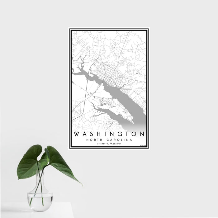 16x24 Washington North Carolina Map Print Portrait Orientation in Classic Style With Tropical Plant Leaves in Water