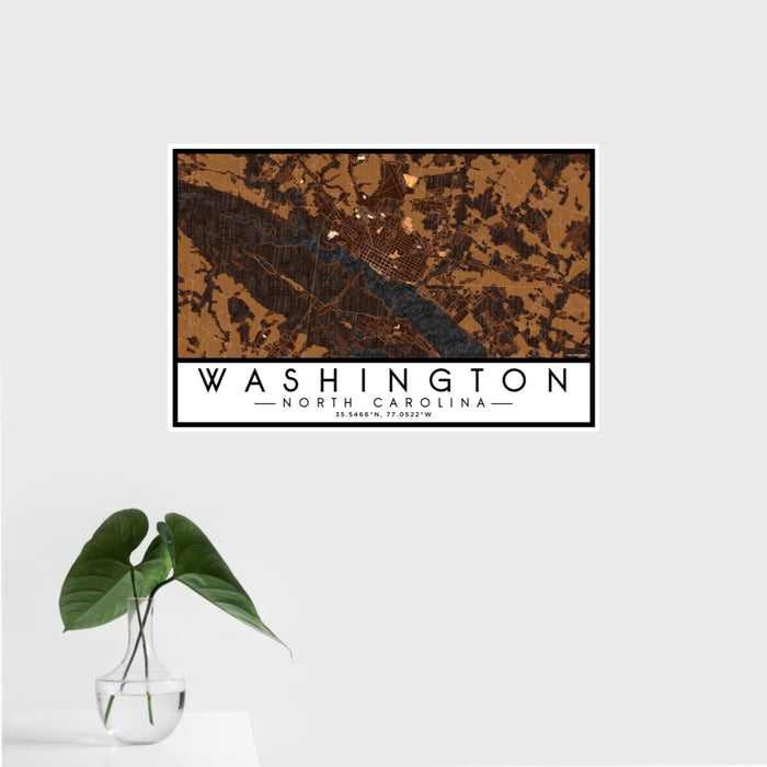 16x24 Washington North Carolina Map Print Landscape Orientation in Ember Style With Tropical Plant Leaves in Water