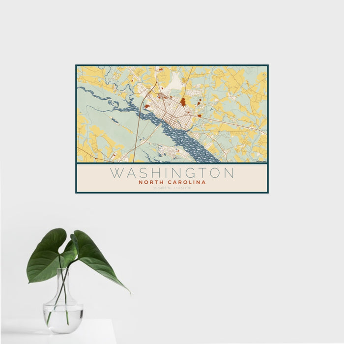 16x24 Washington North Carolina Map Print Landscape Orientation in Woodblock Style With Tropical Plant Leaves in Water