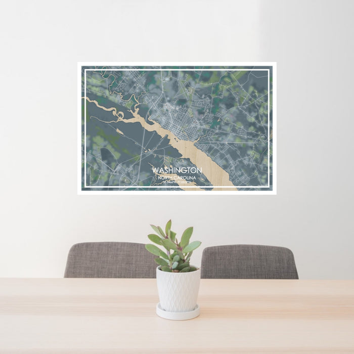24x36 Washington North Carolina Map Print Lanscape Orientation in Afternoon Style Behind 2 Chairs Table and Potted Plant