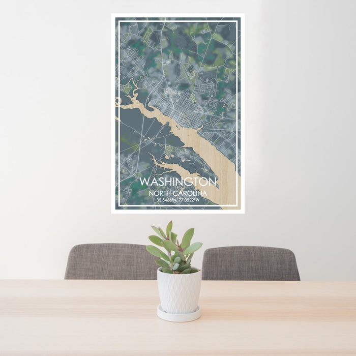 24x36 Washington North Carolina Map Print Portrait Orientation in Afternoon Style Behind 2 Chairs Table and Potted Plant