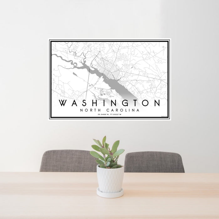 24x36 Washington North Carolina Map Print Lanscape Orientation in Classic Style Behind 2 Chairs Table and Potted Plant