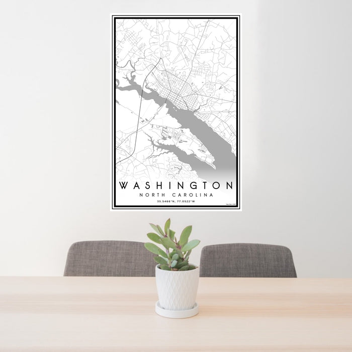 24x36 Washington North Carolina Map Print Portrait Orientation in Classic Style Behind 2 Chairs Table and Potted Plant