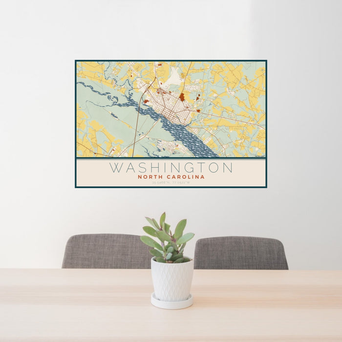 24x36 Washington North Carolina Map Print Lanscape Orientation in Woodblock Style Behind 2 Chairs Table and Potted Plant