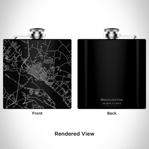 Rendered View of Washington North Carolina Map Engraving on 6oz Stainless Steel Flask in Black