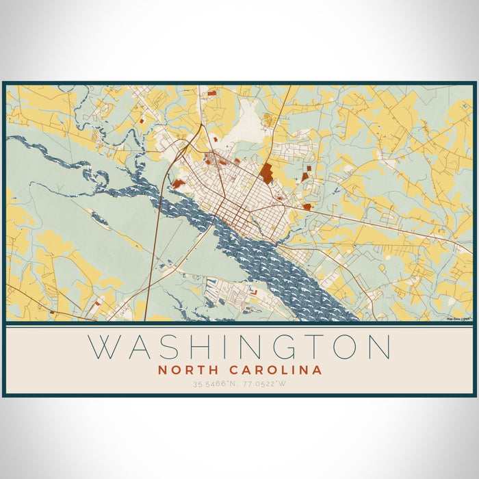 Washington North Carolina Map Print Landscape Orientation in Woodblock Style With Shaded Background