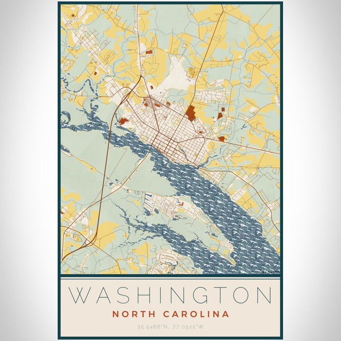 Washington North Carolina Map Print Portrait Orientation in Woodblock Style With Shaded Background