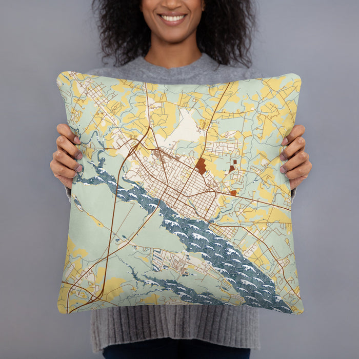 Person holding 18x18 Custom Washington North Carolina Map Throw Pillow in Woodblock