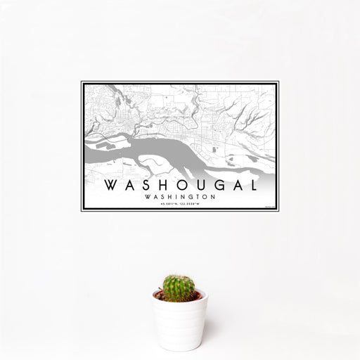 12x18 Washougal Washington Map Print Landscape Orientation in Classic Style With Small Cactus Plant in White Planter