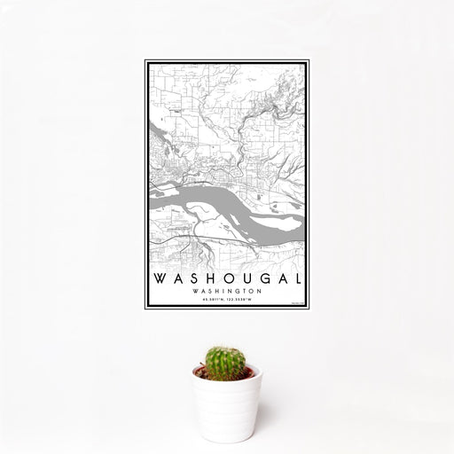 12x18 Washougal Washington Map Print Portrait Orientation in Classic Style With Small Cactus Plant in White Planter