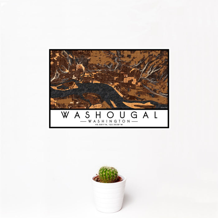 12x18 Washougal Washington Map Print Landscape Orientation in Ember Style With Small Cactus Plant in White Planter