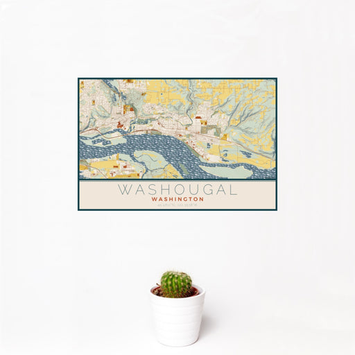 12x18 Washougal Washington Map Print Landscape Orientation in Woodblock Style With Small Cactus Plant in White Planter