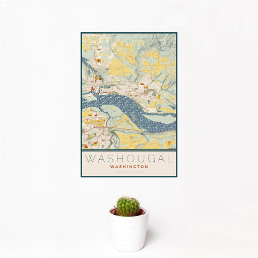 12x18 Washougal Washington Map Print Portrait Orientation in Woodblock Style With Small Cactus Plant in White Planter