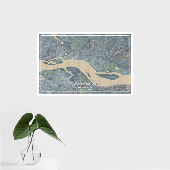 16x24 Washougal Washington Map Print Landscape Orientation in Afternoon Style With Tropical Plant Leaves in Water