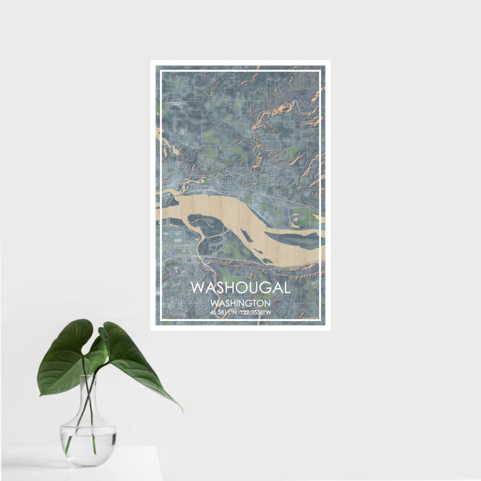 16x24 Washougal Washington Map Print Portrait Orientation in Afternoon Style With Tropical Plant Leaves in Water