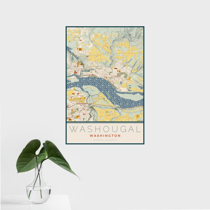 16x24 Washougal Washington Map Print Portrait Orientation in Woodblock Style With Tropical Plant Leaves in Water
