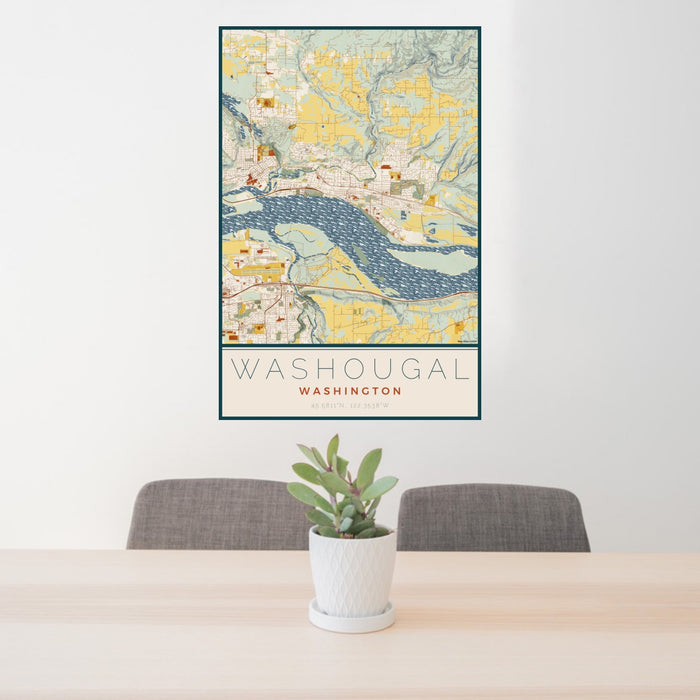 24x36 Washougal Washington Map Print Portrait Orientation in Woodblock Style Behind 2 Chairs Table and Potted Plant