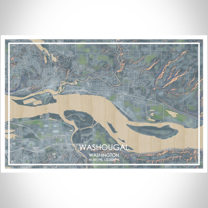 Washougal Washington Map Print Landscape Orientation in Afternoon Style With Shaded Background