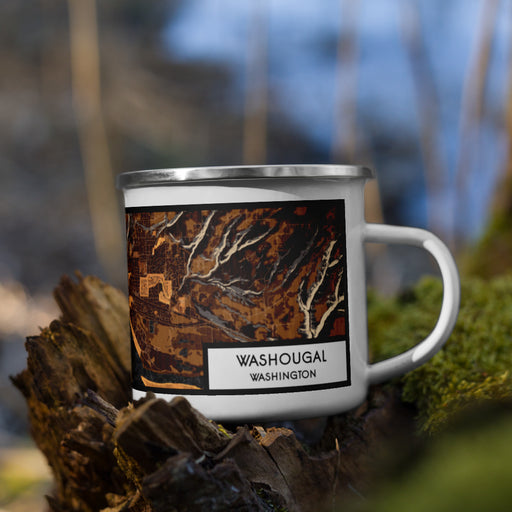 Right View Custom Washougal Washington Map Enamel Mug in Ember on Grass With Trees in Background
