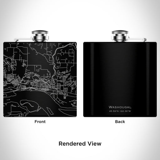 Rendered View of Washougal Washington Map Engraving on 6oz Stainless Steel Flask in Black