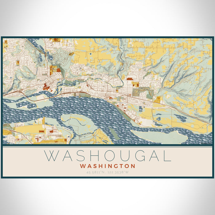 Washougal Washington Map Print Landscape Orientation in Woodblock Style With Shaded Background