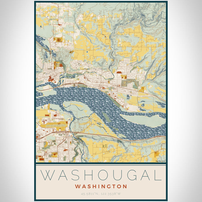Washougal Washington Map Print Portrait Orientation in Woodblock Style With Shaded Background