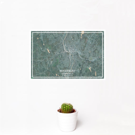 12x18 Waterbury Connecticut Map Print Landscape Orientation in Afternoon Style With Small Cactus Plant in White Planter