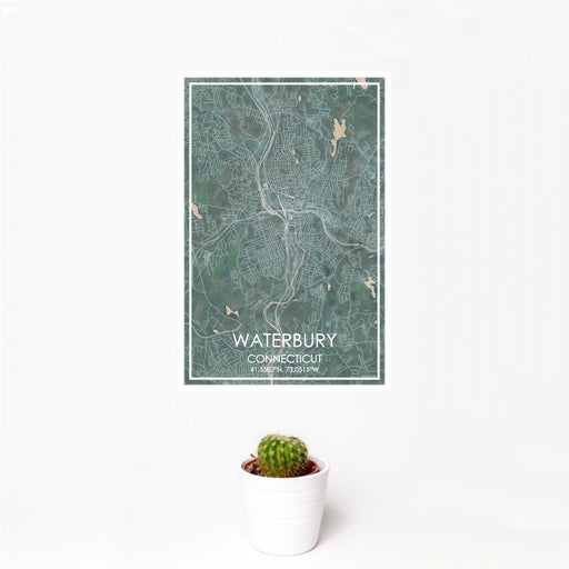12x18 Waterbury Connecticut Map Print Portrait Orientation in Afternoon Style With Small Cactus Plant in White Planter
