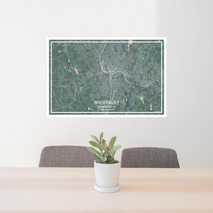 24x36 Waterbury Connecticut Map Print Lanscape Orientation in Afternoon Style Behind 2 Chairs Table and Potted Plant