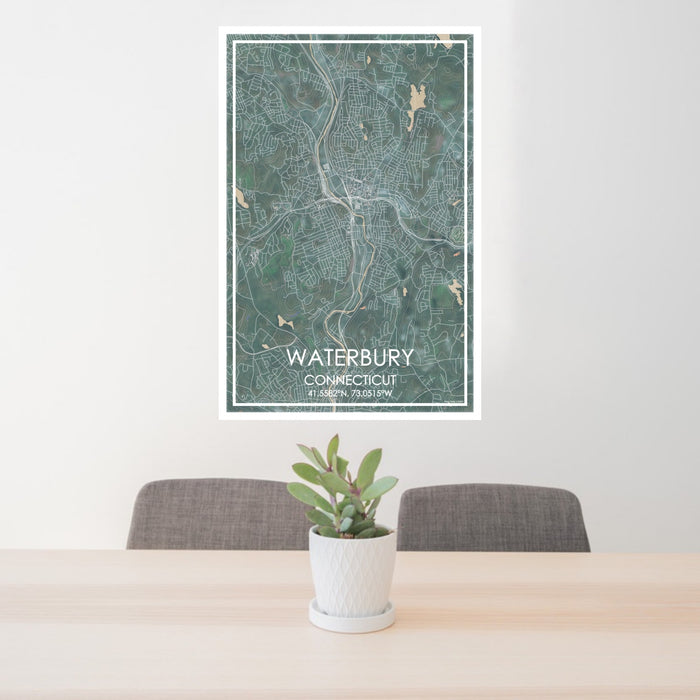 24x36 Waterbury Connecticut Map Print Portrait Orientation in Afternoon Style Behind 2 Chairs Table and Potted Plant