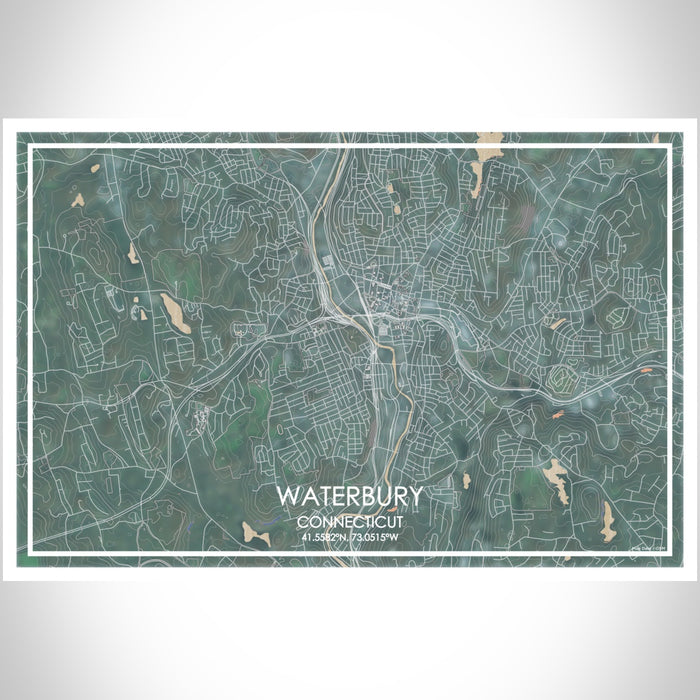 Waterbury Connecticut Map Print Landscape Orientation in Afternoon Style With Shaded Background