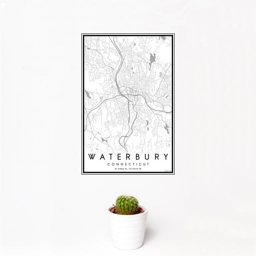12x18 Waterbury Connecticut Map Print Portrait Orientation in Classic Style With Small Cactus Plant in White Planter