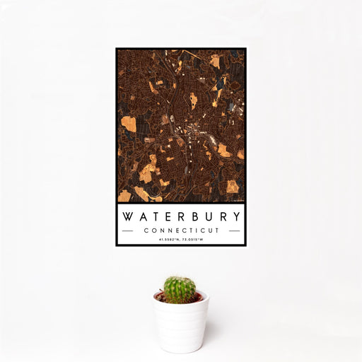 12x18 Waterbury Connecticut Map Print Portrait Orientation in Ember Style With Small Cactus Plant in White Planter