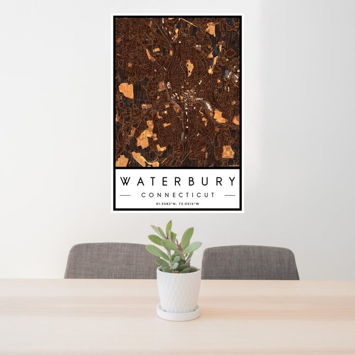24x36 Waterbury Connecticut Map Print Portrait Orientation in Ember Style Behind 2 Chairs Table and Potted Plant