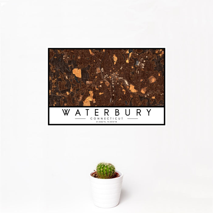 12x18 Waterbury Connecticut Map Print Landscape Orientation in Ember Style With Small Cactus Plant in White Planter
