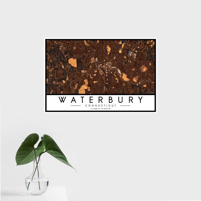 16x24 Waterbury Connecticut Map Print Landscape Orientation in Ember Style With Tropical Plant Leaves in Water