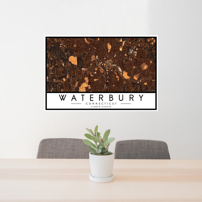 24x36 Waterbury Connecticut Map Print Landscape Orientation in Ember Style Behind 2 Chairs Table and Potted Plant