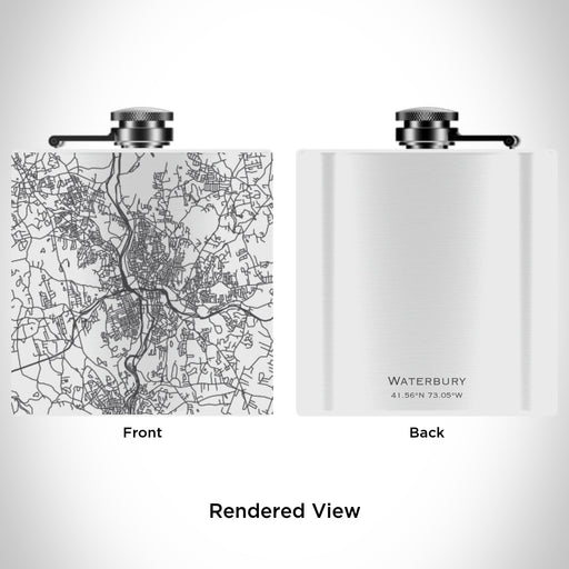 Rendered View of Waterbury Connecticut Map Engraving on 6oz Stainless Steel Flask in White