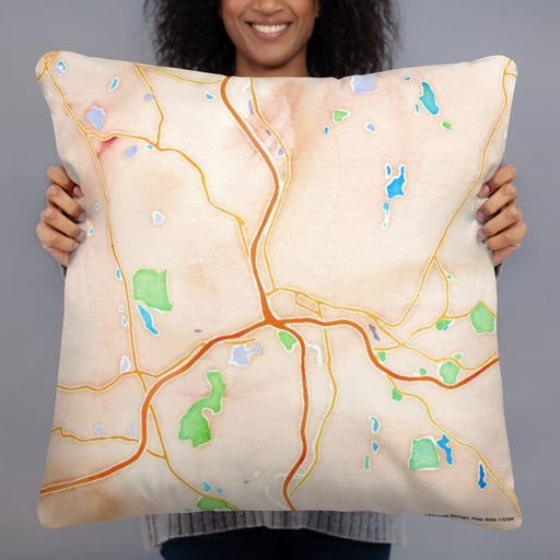 Person holding 22x22 Custom Waterbury Connecticut Map Throw Pillow in Watercolor