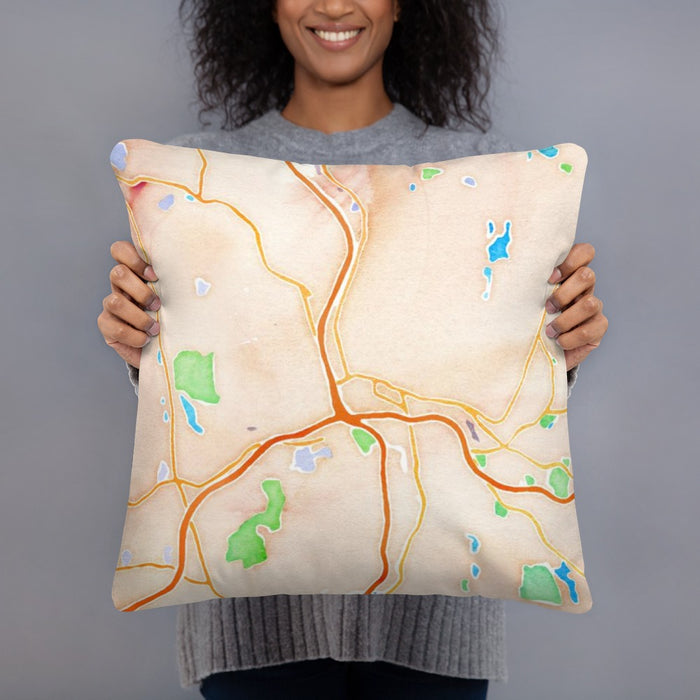 Person holding 18x18 Custom Waterbury Connecticut Map Throw Pillow in Watercolor