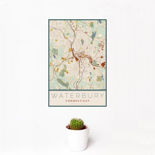 12x18 Waterbury Connecticut Map Print Portrait Orientation in Woodblock Style With Small Cactus Plant in White Planter