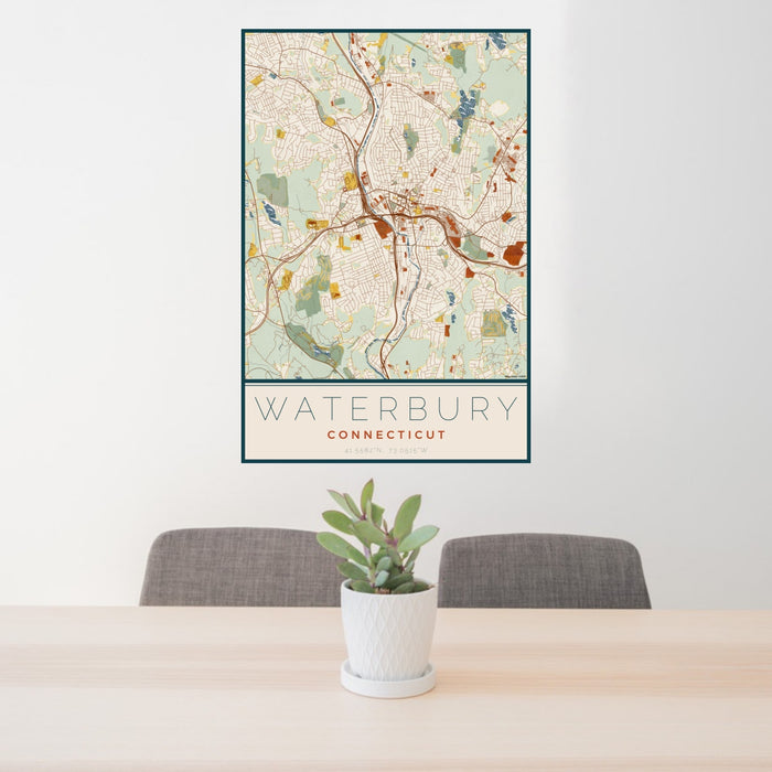 24x36 Waterbury Connecticut Map Print Portrait Orientation in Woodblock Style Behind 2 Chairs Table and Potted Plant